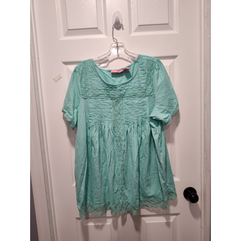 Woman Within Green Pintuck Cotton Textured Fabric Short Sleeve Blouse‎ Top 1X
